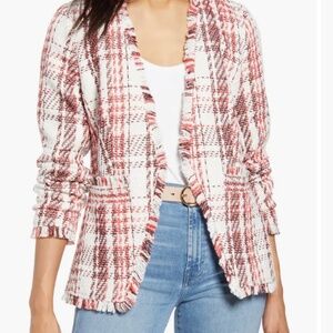 Halogen‎ (Nordstrom) Plaid Tweed Blazer Jacket, White/Pink/Black | Sz SM